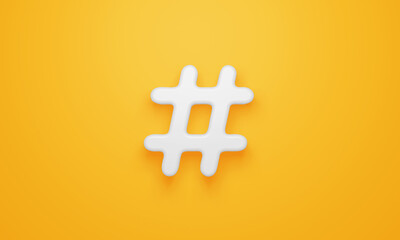 Minimal hashtag symbol on yellow background. 3d rendering.