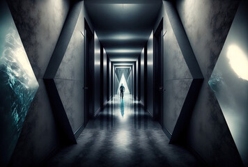 Imagine a triangular futuristic hallway that looks cool and strange. Generative AI