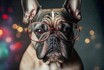 Beautiful french bulldog wearing festive glasses 2022. happy new year. Generative AI