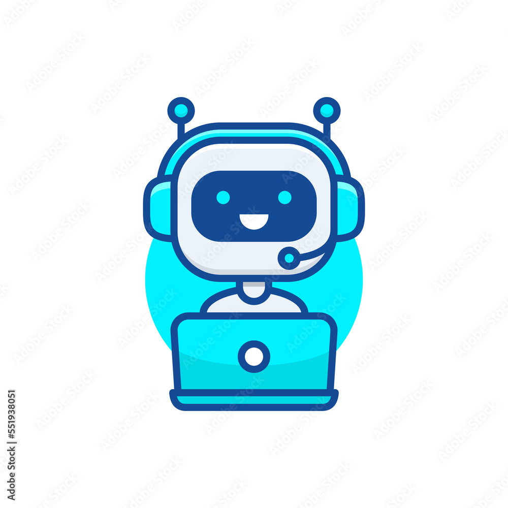 Poster chatbot icon. cute robot working behind laptop. modern bot sign design. smiling customer service rob