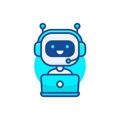 Chatbot icon. Cute robot working behind laptop. Modern bot sign design. Smiling customer service robot. Flat line style vector illustration isolated on white background