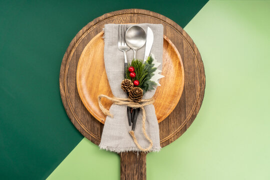 Christmas table setting with christmas decorations,. Top view, copyspace.