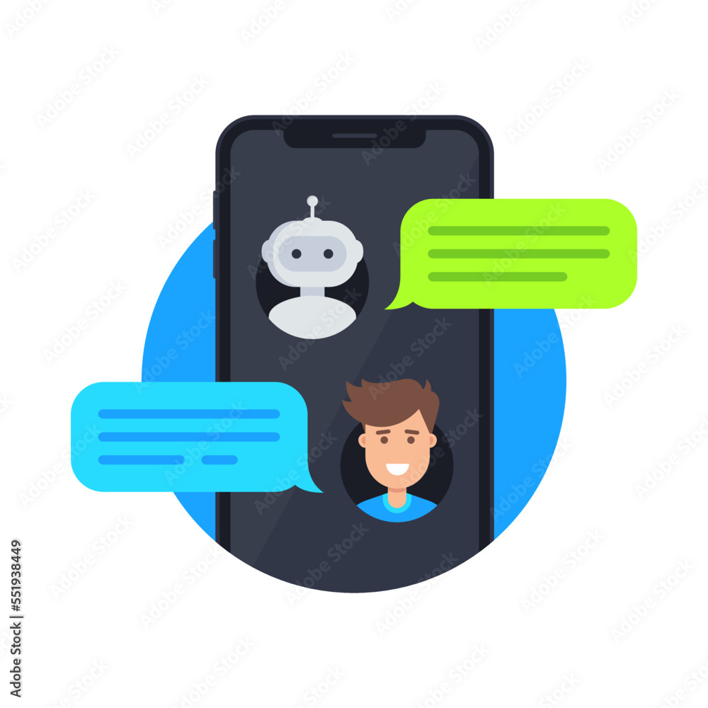Poster chatbot icon concept. man and robot chatting on smartphone. customer service messenger icon concept.
