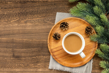 cup of hot coffee on a christmas holiday table. holidays and events