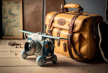 a vintage camera next to a toy plane and a bag with a notepad. Generative AI