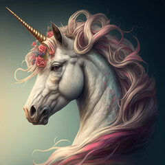 Naklejka na ściany i meble Queen unicorn with ash pink mane and flower crown. Vector illustration. Artwork. Portrait. Generative AI