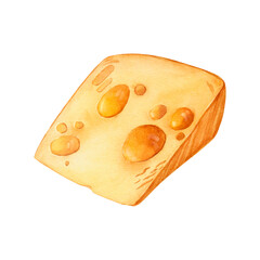 Watercolor illustration of cheese isolated on white. Milk dairy product. Hand drawn food for menu, recipe, label, packaging design. Slice of cheese with holes.