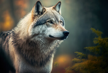 Naklejka na ściany i meble Beautiful Alaskan tundra wolf in close up, with a hazy forest in the distance. Generative AI