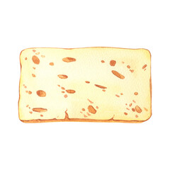 Watercolor illustration of cheese isolated on white. Milk dairy product. Hand drawn food for menu, recipe, label, packaging design. Slice of cheese with holes.