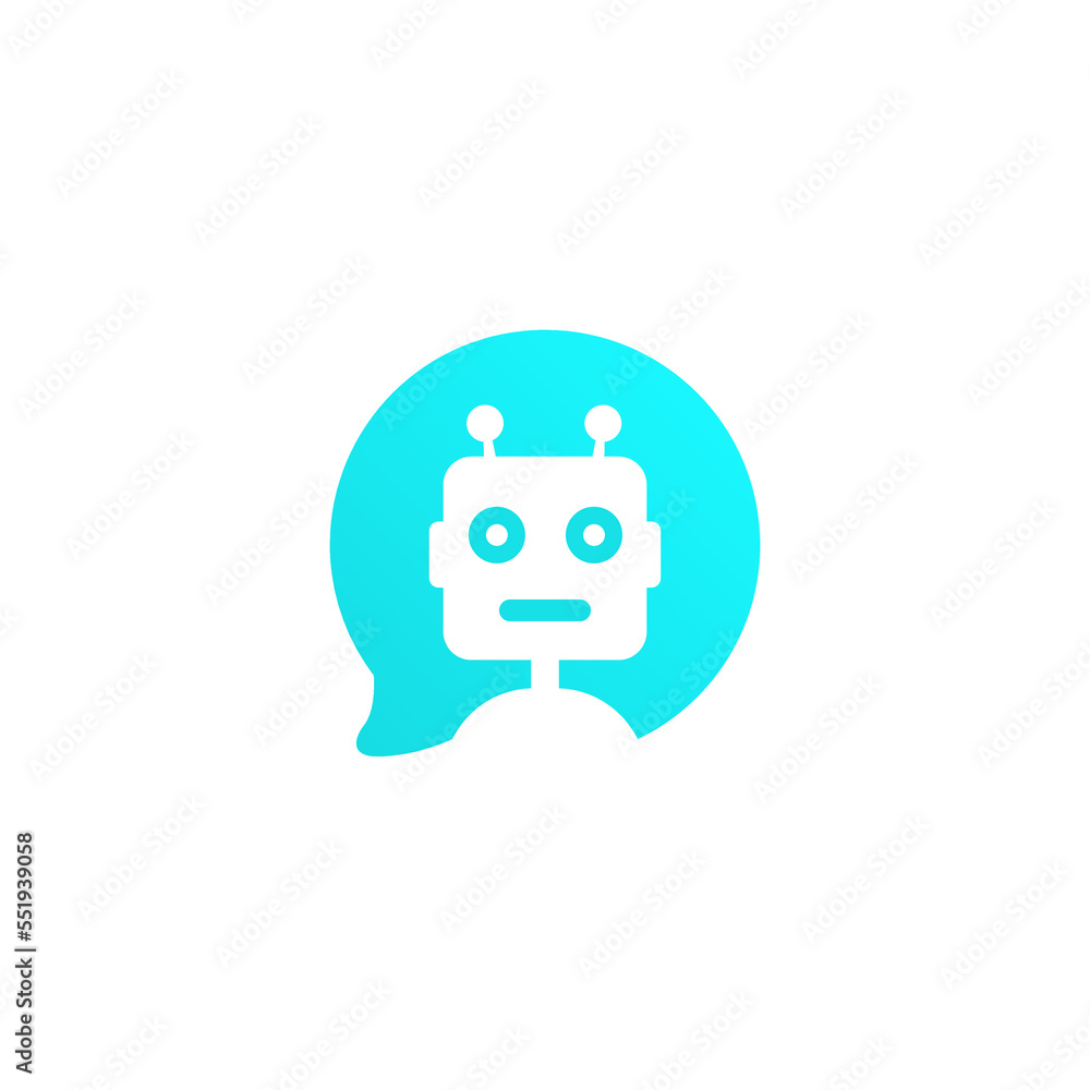 Poster chatbot icon in flat style on white background. robot in blue speech bubble. online customer support