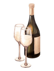 Watercolor illustration of the bottle and one glass of white wine. Picture of a alcoholic drink isolated on the white background. Concept for wine list, label, banner, menu, flyer, brochure template.