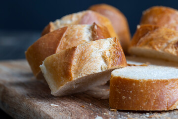 a wheat baguette cut into pieces, close up