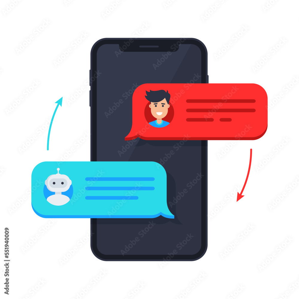 Poster chatbot icon. man chatting with chat bot on smartphone. sms bubbles on mobile phone screen. chat mes