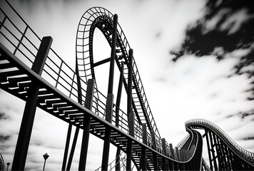Rails from a roller coaster are shown in a low perspective against a background of white sky. Generative AI