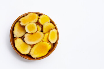 Phlai slices, Cassumumr ginger or zingiber montanum on white background.