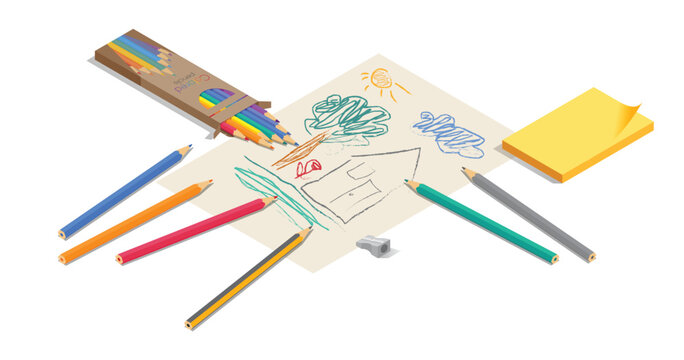 Set of  pencils outside their boxes and paper. Vector