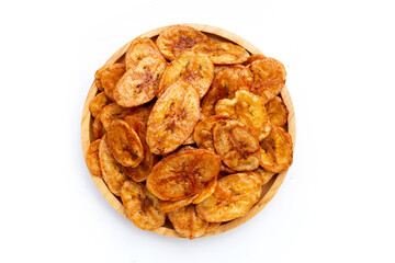Banana chips on white background