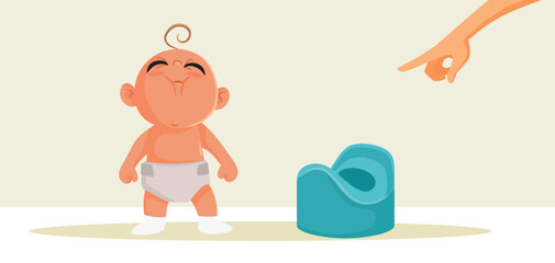Mother Pointing to a Potty Vector Cartoon Illustration. Little baby being reluctant in using a chamber pot like his mom teaches him
