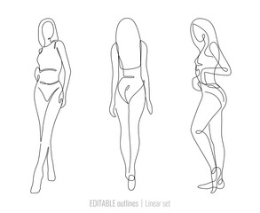 Vector set of three linear girl silhouettes from different angles. Editable outlines. Beautiful posing. Woman with fit figure. Decorative art element for trendy banner, advertising layout design.