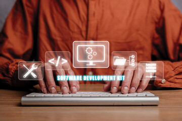 SDK - Software development kit programming language technology concept, Person typing keyboard...