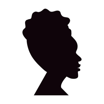 recommend clip art: Profile picture silhouette of an African American woman with curly hair pulled up. Sticker. Icon.