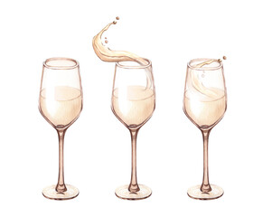 Watercolor glasses of champagne in toasting. Hand drawn picture of an alcoholic drink illustration isolated on white background.Concept for wine list, label, banner, menu, flyer, brochure template.