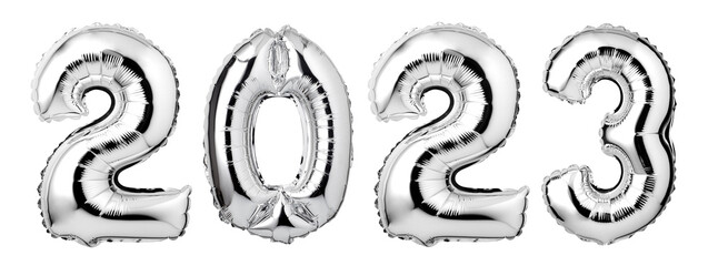 Numbers 2023 made of silver balloons isolated on white background. New year concept.