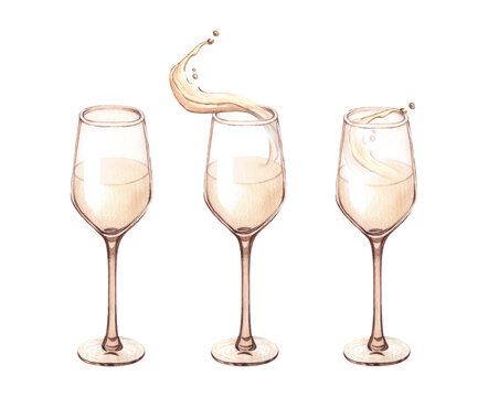 Watercolor glasses of champagne in toasting. Hand drawn picture of an alcoholic drink illustration isolated on white background.Concept for wine list, label, banner, menu, flyer, brochure template.
