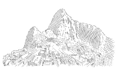 Machu Picchu illustration, lines. One of the 7 wonders of the world located in Peru. Tourist destination in South America - obrazy, fototapety, plakaty