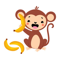 Cute Playful Monkey with Long Tail Holding Yellow Banana Vector Illustration