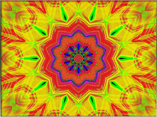 Abstract, Circular Mandala style, with Green, Red, and Yellow Patterns, within a Border