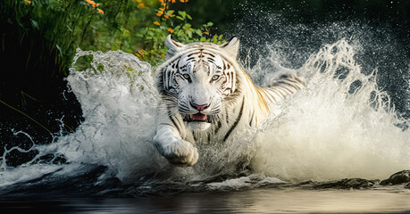 White siberian tiger runs on water, in forest. Dangerous animal. Animal in a green forest stream. - obrazy, fototapety, plakaty