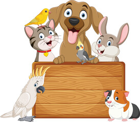 Cute cartoon pets collection with blank board sign