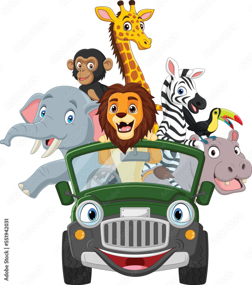 Sticker cartoon wild animals riding a green car