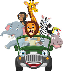 Cartoon wild animals riding a green car - 551942031