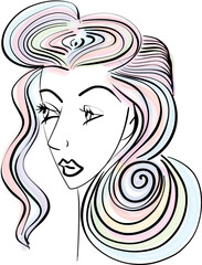 beautiful woman face, girl with beautiful colorful rainbow hair hand drawn