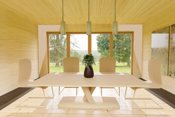 Modern rustic style dining room interior in light beige wooden colors. Design and interior decoration. 3d illustration.