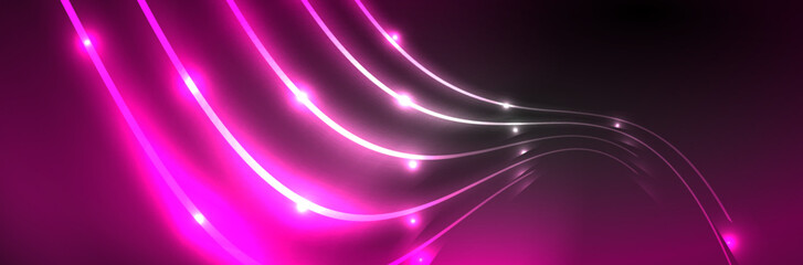 Shiny neon lights, dark abstract background with blurred magic neon light curved lines