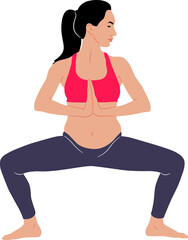 Hand-drawn pregnant woman doing exercise wearing leggings and a top. Vector flat style illustration isolated on white. Full-length view	