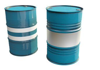 Barrels for chemical products. Blue barrels. Two barrels for storing liquids. Metal container for oil products. Stitching plastic cask isolated on white. Containers for chemicals. 3d rendering.