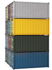 Sea containers. Stack of cargo containers. Closed sea containers of different colors. Tare for sea freight. Metal boxes for transportation on ship isolated on white. 20 foot cargo tare. 3d image.