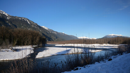 Winter landscape of the Eagle Run dike in Brackendale, Squamish, British Columbia, Canada