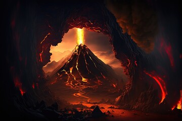 An apocalyptic natural disaster scenario caused by a volcano eruption and lava on fire flowing in a wasteland with solidified lava-coiled tunnels.