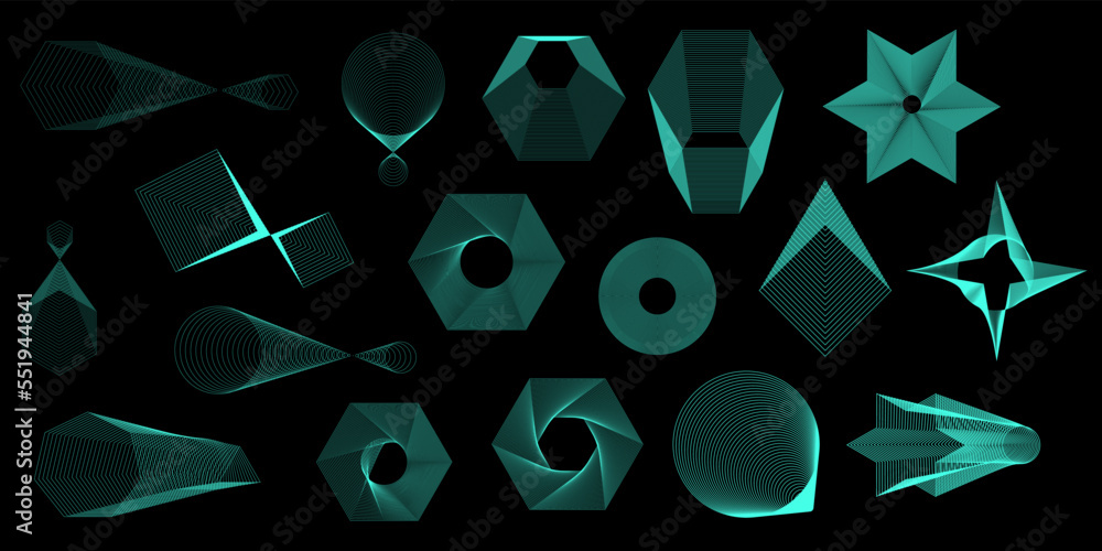 Poster neon figures mesh. neon figures mesh in 3d style. digital space. vector illustration. stock image.