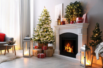 Stylish living room interior with beautiful fireplace, Christmas tree and other decorations