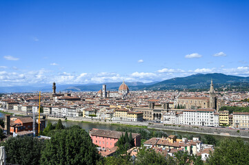 Fototapeta na wymiar Florence, Italy: Historic buildings in city centre. Panoramic view of old city of Firenze. Florence Cathedral. Santa Maria del Fiore. 