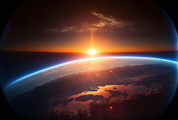Fototapeta na wymiar sunrise in space over the globe Earth. Generative AI