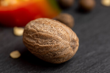 Different types of spices and nutmeg on the board
