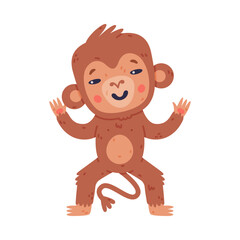 Funny cute playful baby monkey. African tropical animal cartoon character vector illustration