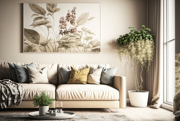 Living room with contemporary beige cloth couch and plant. Generative AI